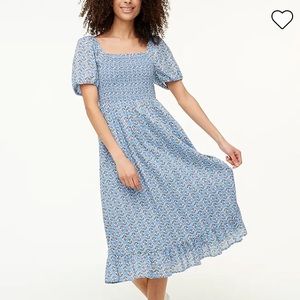 Jcrew Smocked Midi Dress with Puff Sleeves blue floral block print, petite small